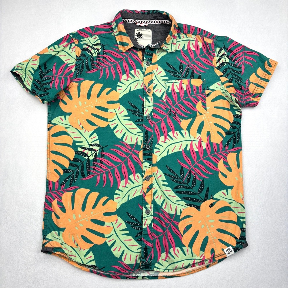 Free Planet Hawaiian Shirt Mens Medium Green Pink Palm Monstera Tropical Button